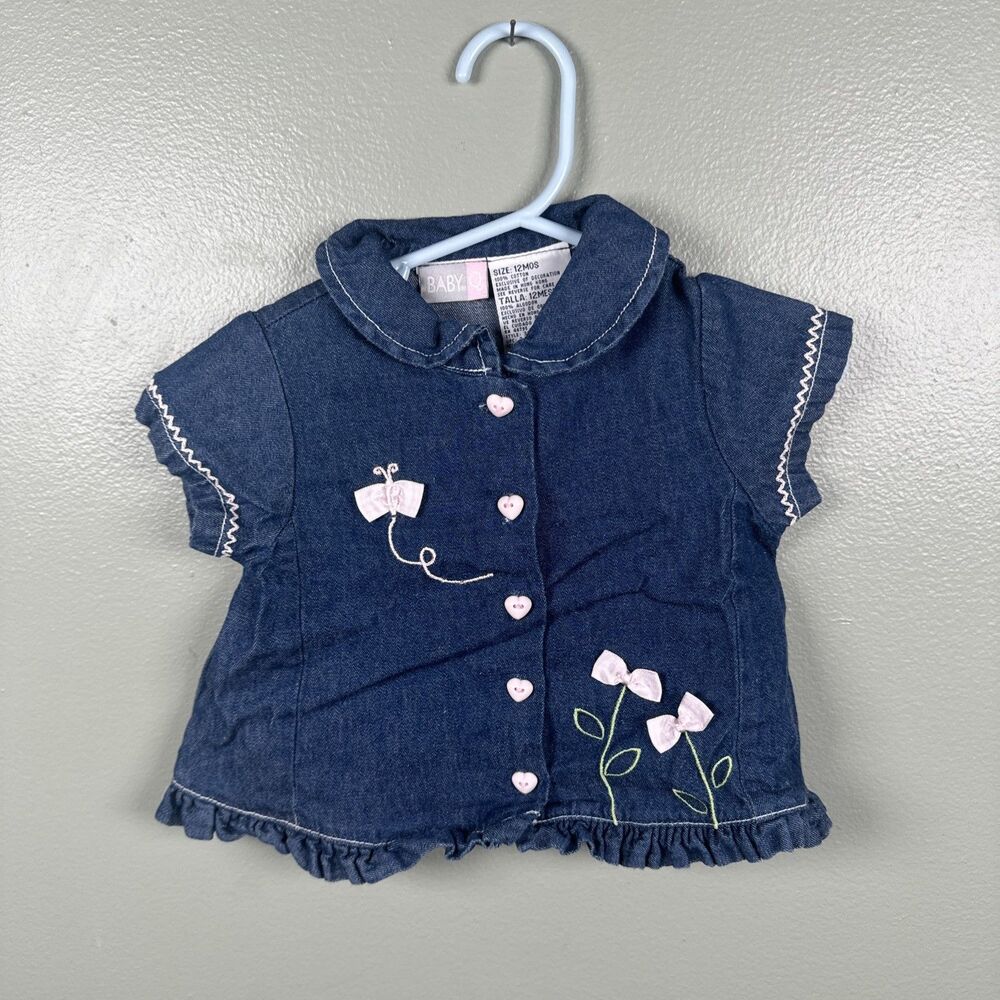 BABY‎ Q Denim Shirt Heart Buttons Ribbon Flowers Size 12 MOS